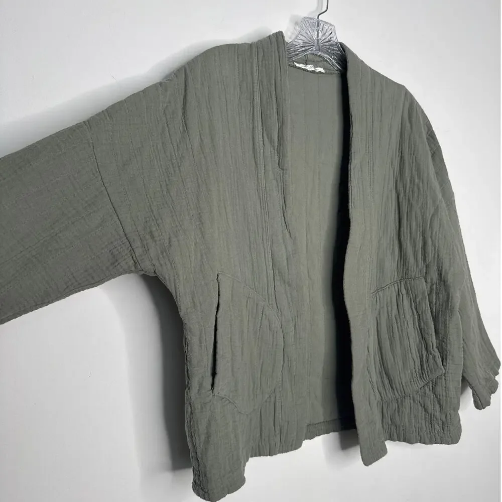 Moonsun Italian Gauze Cotton Olive Open Jacket open front pockets small